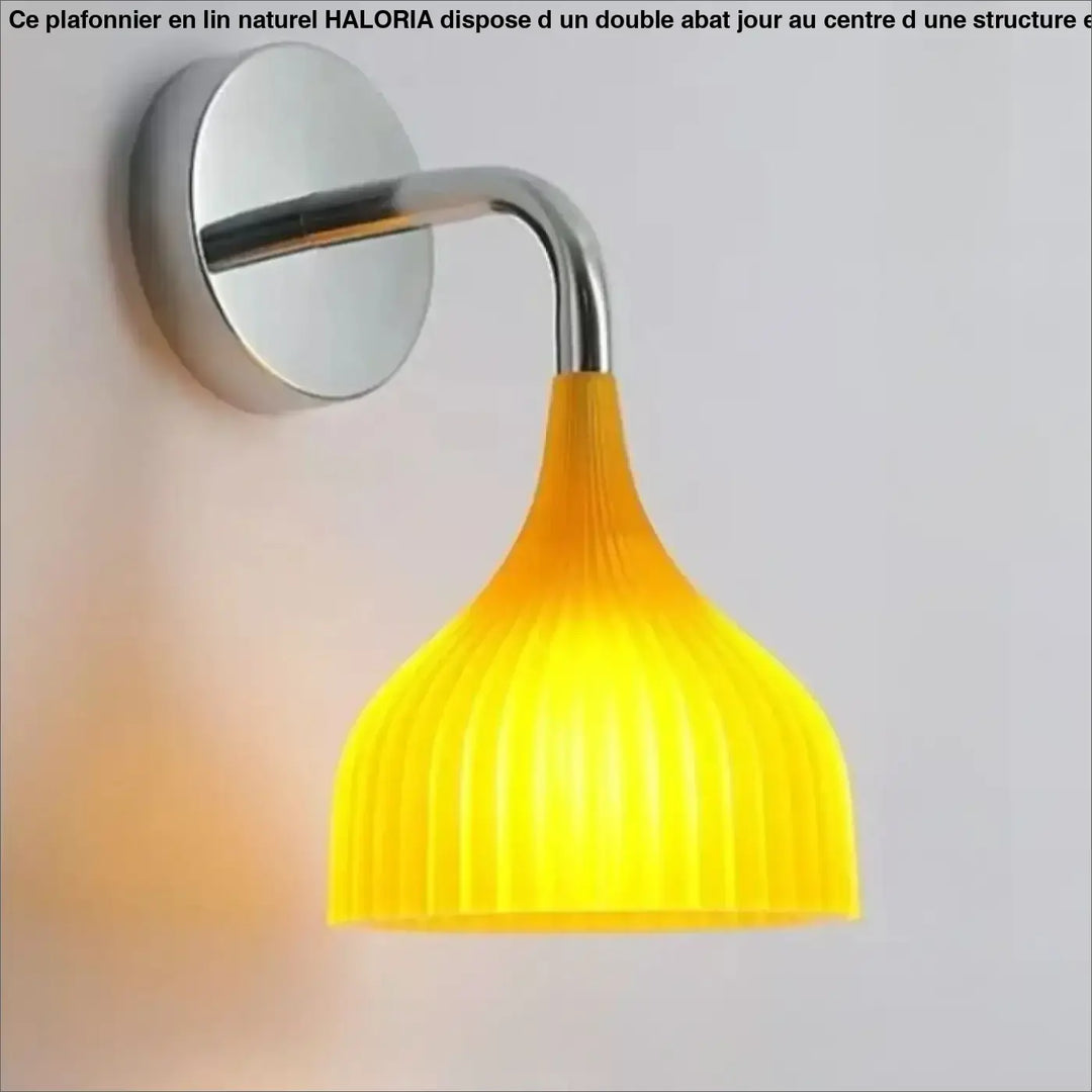 Applique murale elix avec abat-jour en verre côtelé jaune vif fixé sur bras chrome élégant et platine murale circulaire
