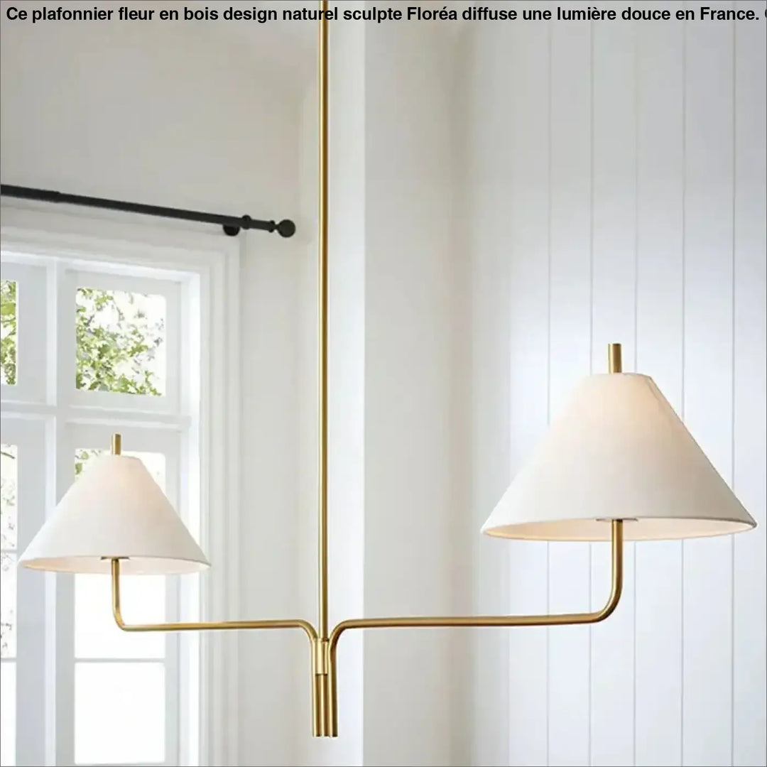 Suspension design dorée à deux bras avec abat jour beige