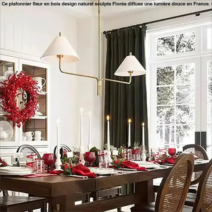 Suspension design dorée à deux bras avec abat jour beige