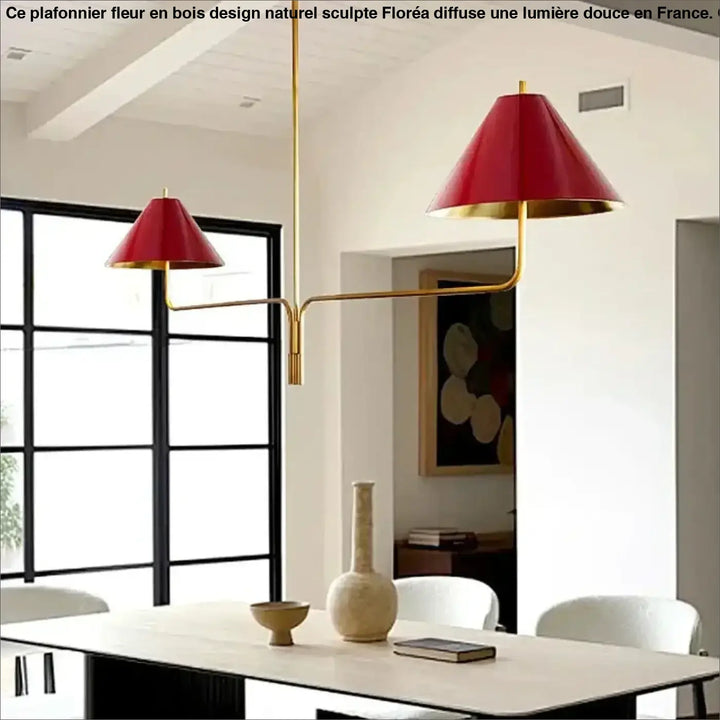 Suspension design dorée à deux bras avec abat jour beige