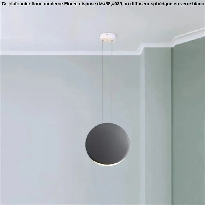 Suspension luminaire lunis avec abat-jour circulaire mat noir minimaliste suspendu par câbles fins au plafond blanc