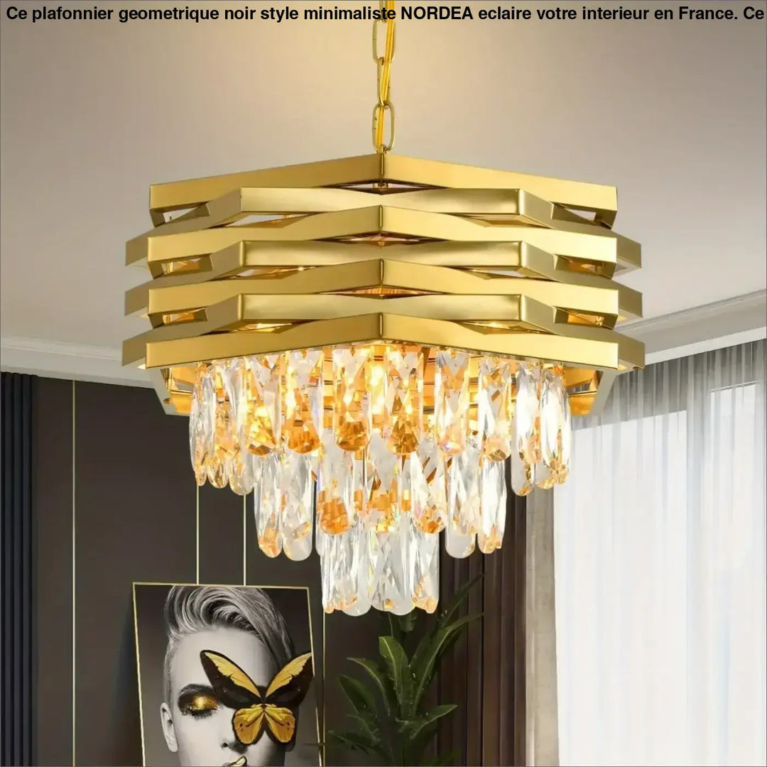Suspension luminaire dorée à cristaux lumineux de luxe