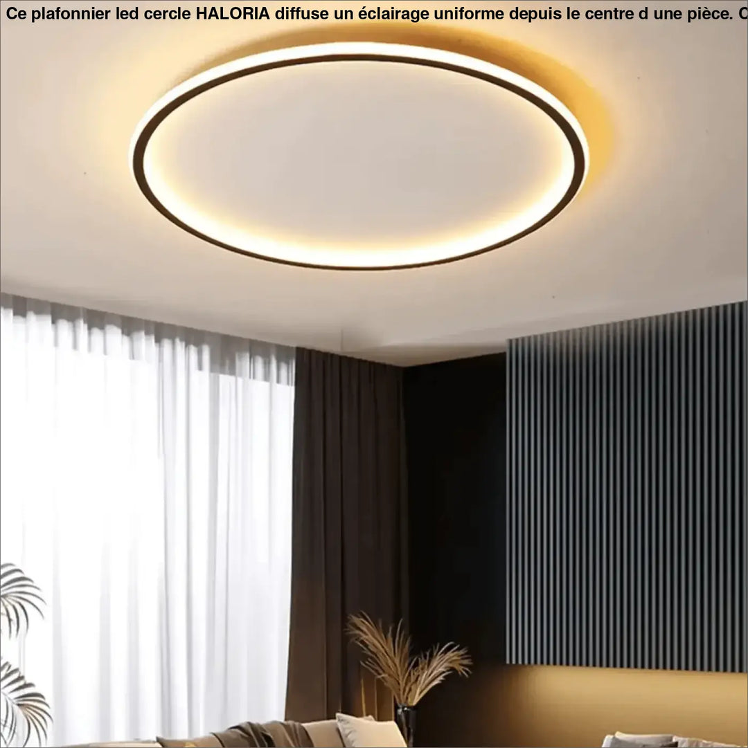 Plafonnier led cercle haloria avec cadre noir moderne et éclairage led blanc chaud pour plafond contemporain