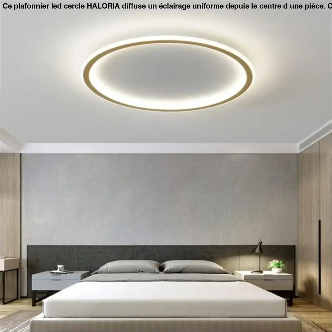 Plafonnier led cercle haloria moderne avec deux anneaux concentriques éclairage blanc et cadre doré minimaliste