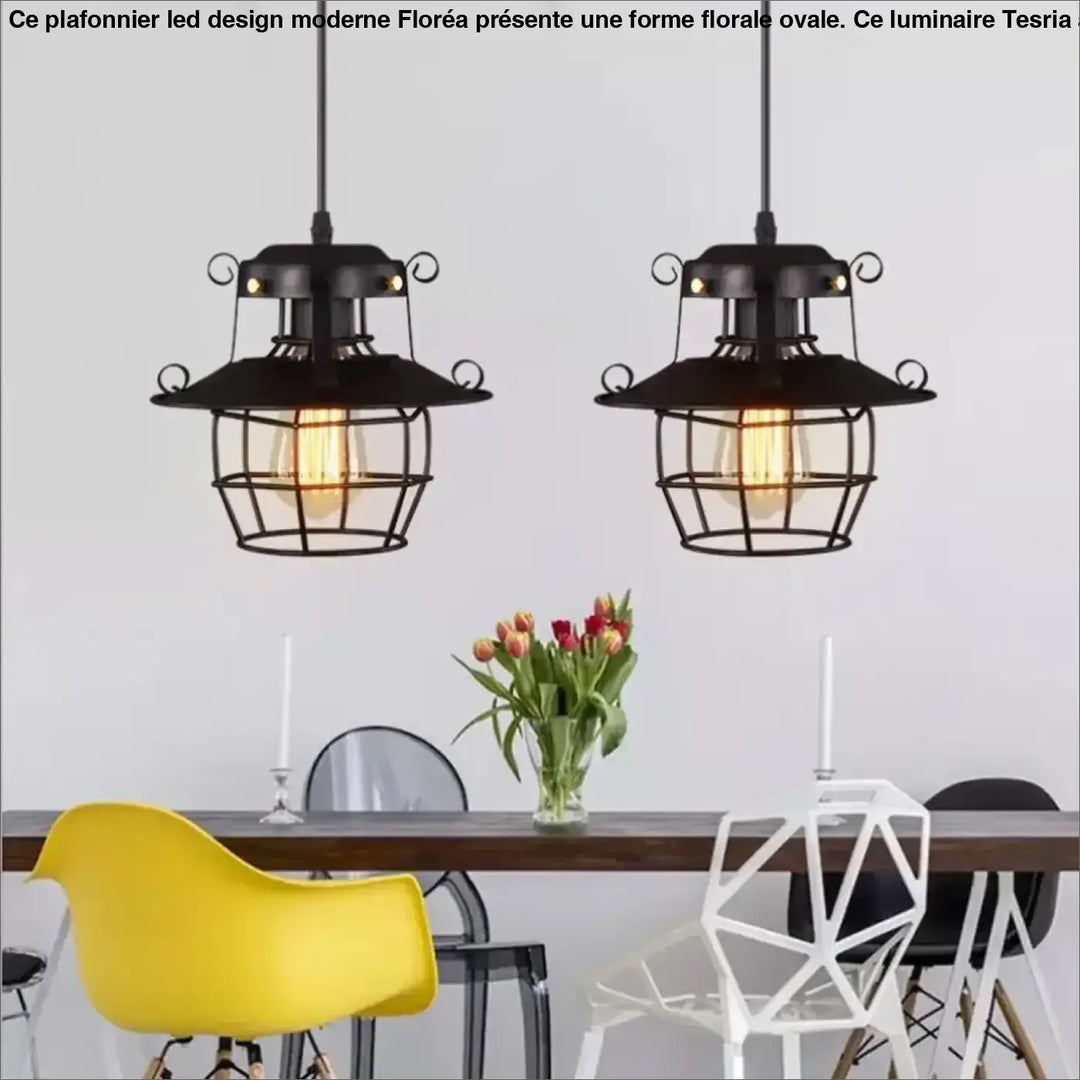 Suspension Industrielle Noire Style Lanterne Métal Et Verre


