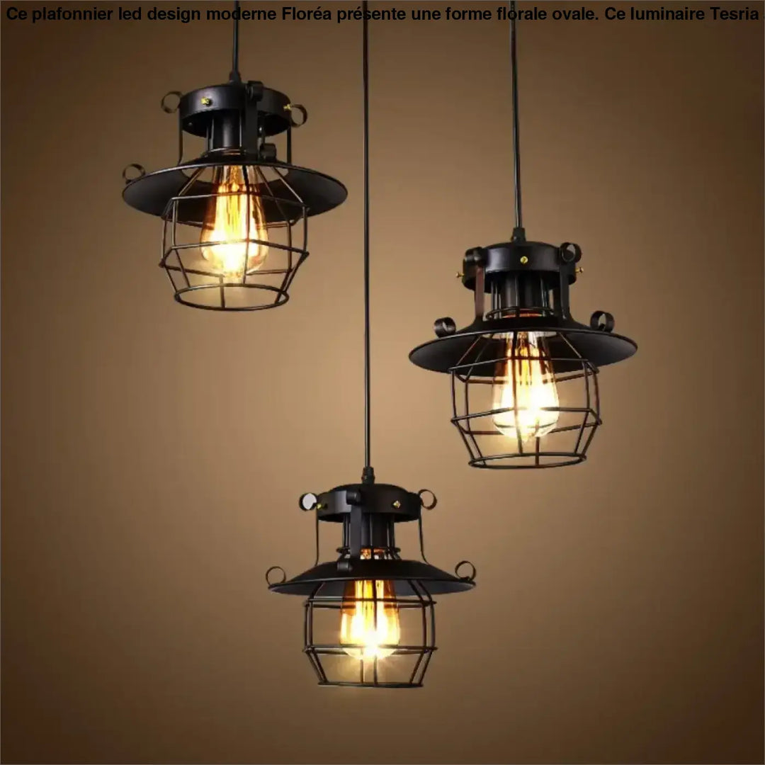 Suspension Industrielle Noire Style Lanterne Métal Et Verre

