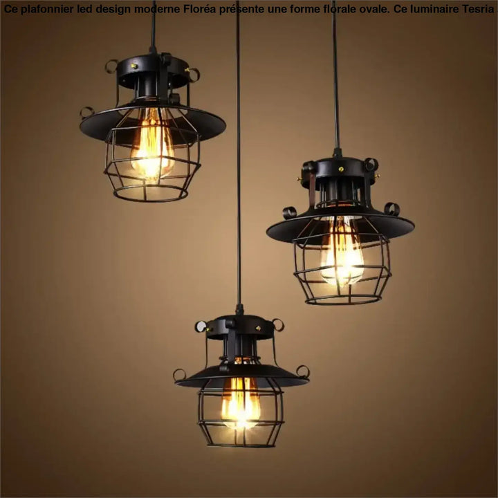 Suspension Industrielle Noire Style Lanterne Métal Et Verre


