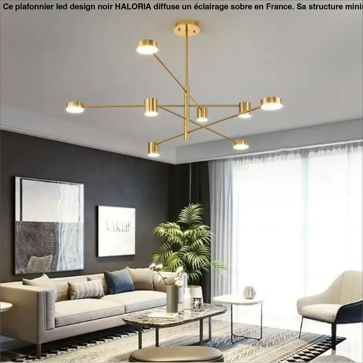 Plafonnier led design noir haloria avec structure géométrique dorée et multiples luminaires cylindriques modernes