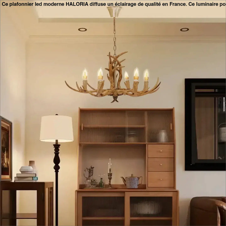 Suspension Bois De Cerf Avec Ampoules Style Bougie Marron Résine