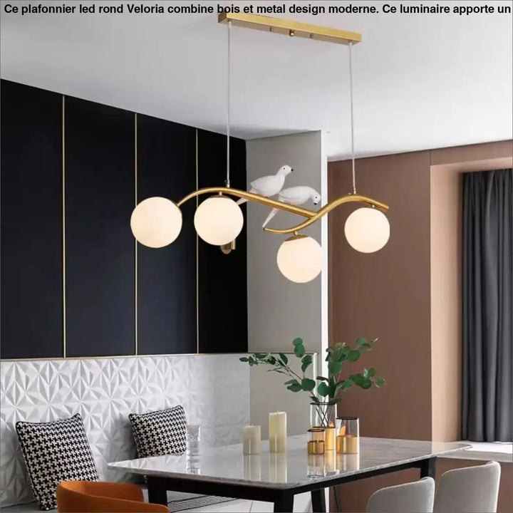 Plafonnier led rond avec globes en verre dépoli doré en métal design moderne et bois par veloria