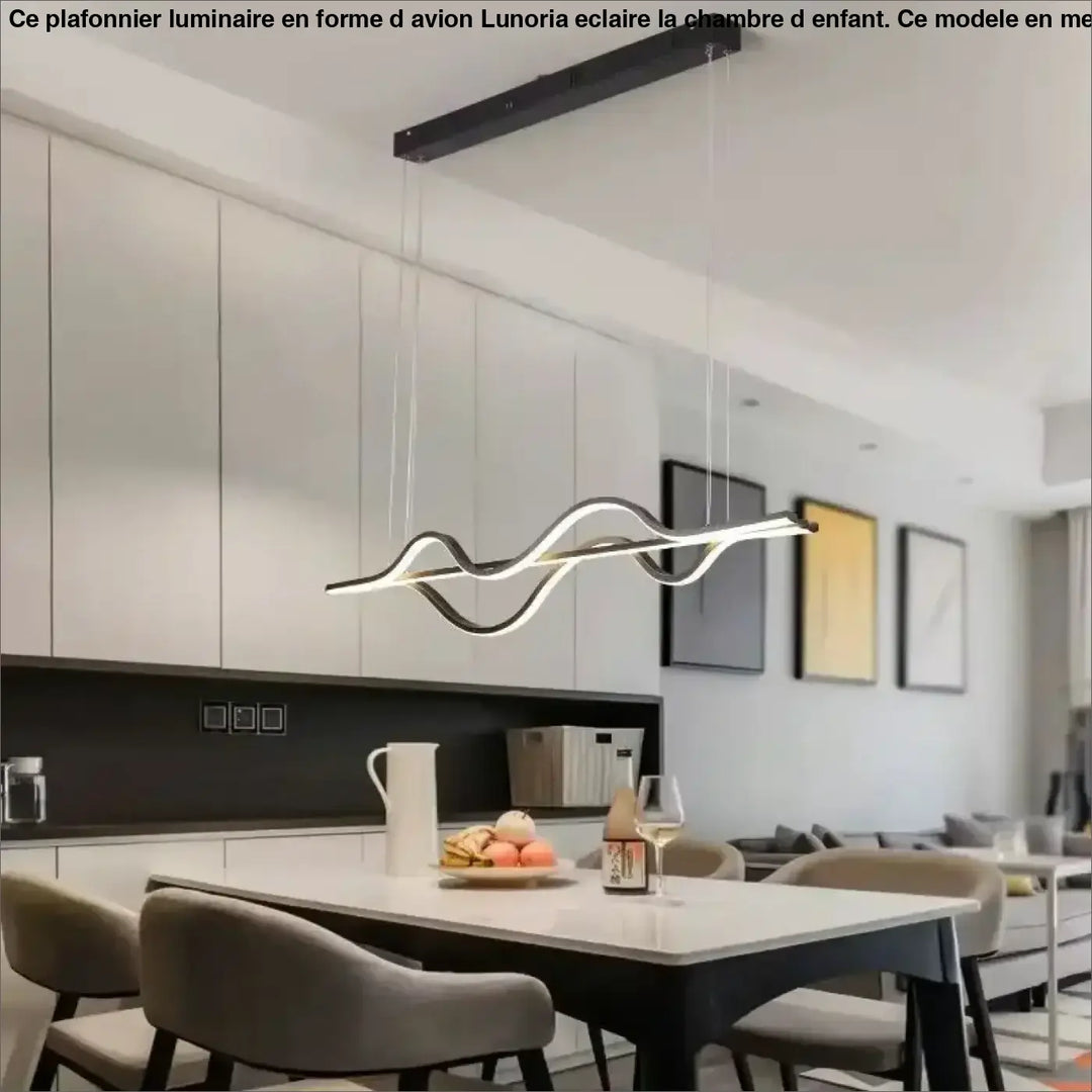 Suspension luminaire paloma noire et blanche à led ondulée design moderne suspendue au-dessus dune table de salle à manger