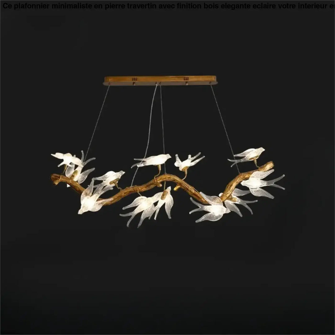 Luminaire plafonnier winglow avec branche en bois rustique et oiseaux en verre blanc translucide pour décoration naturelle