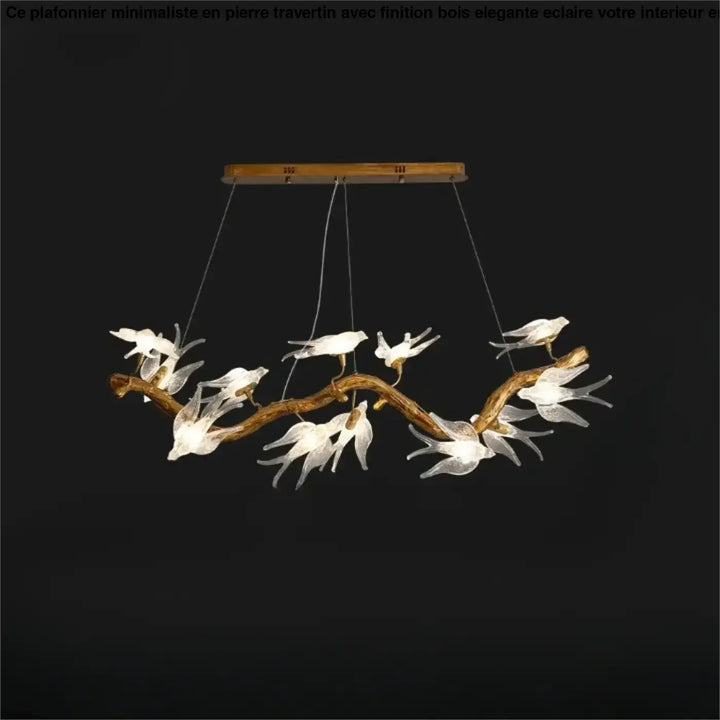 Luminaire plafonnier winglow avec branche en bois rustique et oiseaux en verre blanc translucide pour décoration naturelle