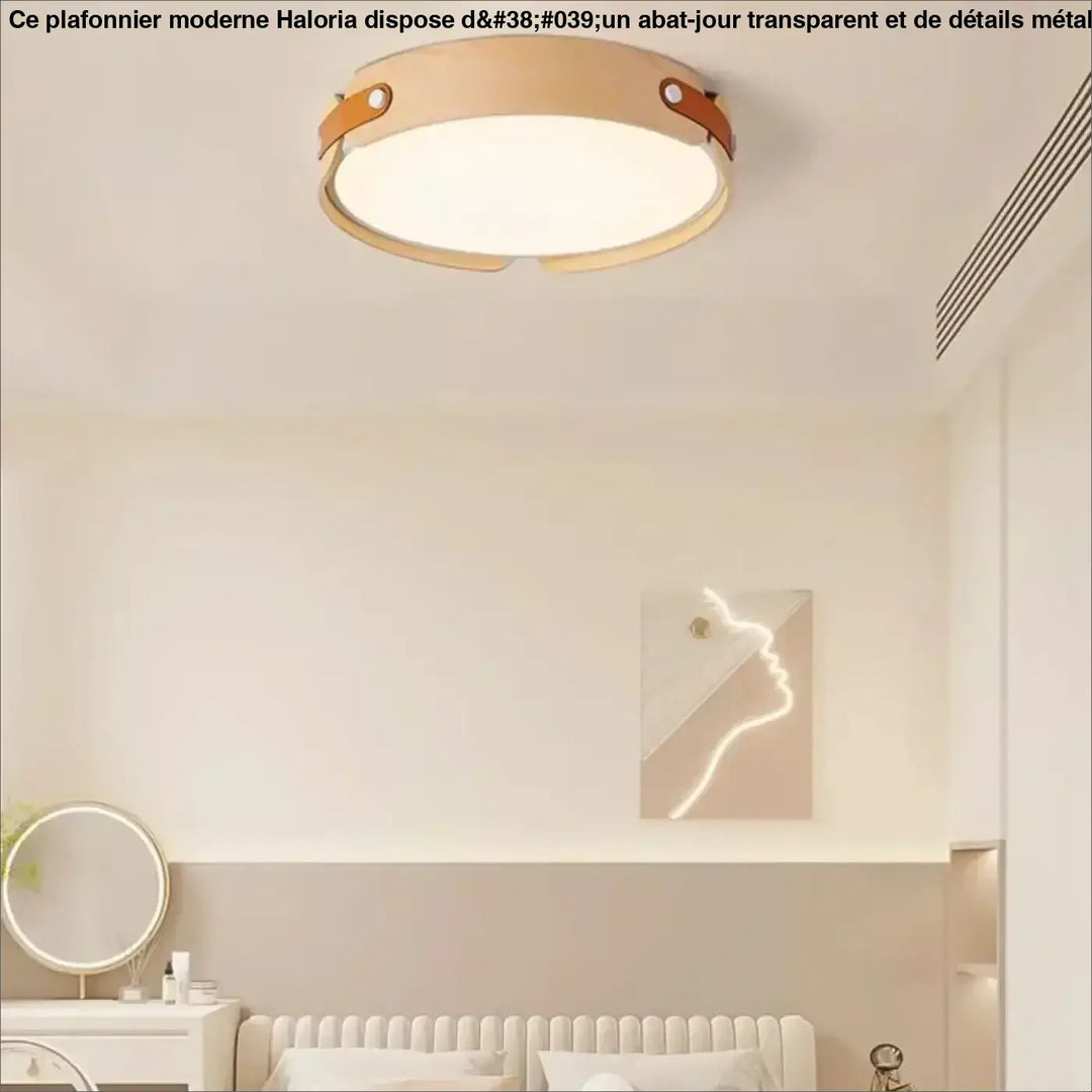 Luminaire plafonnier rond avec cadre en bois naturel et sangles en cuir marron détails inspirés tanox