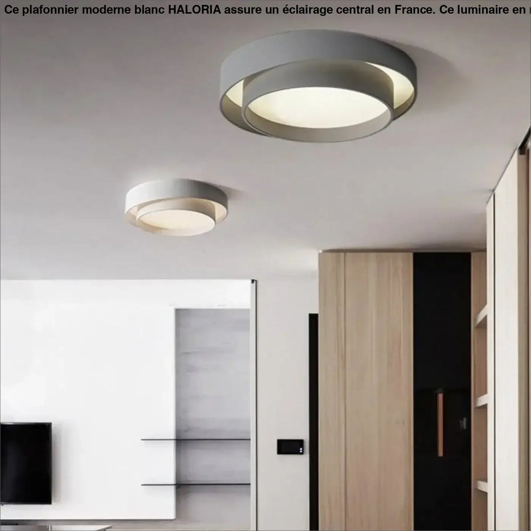 Plafonnier moderne blanc avec finition grise élégante et design en anneaux concentriques pour un éclairage contemporain