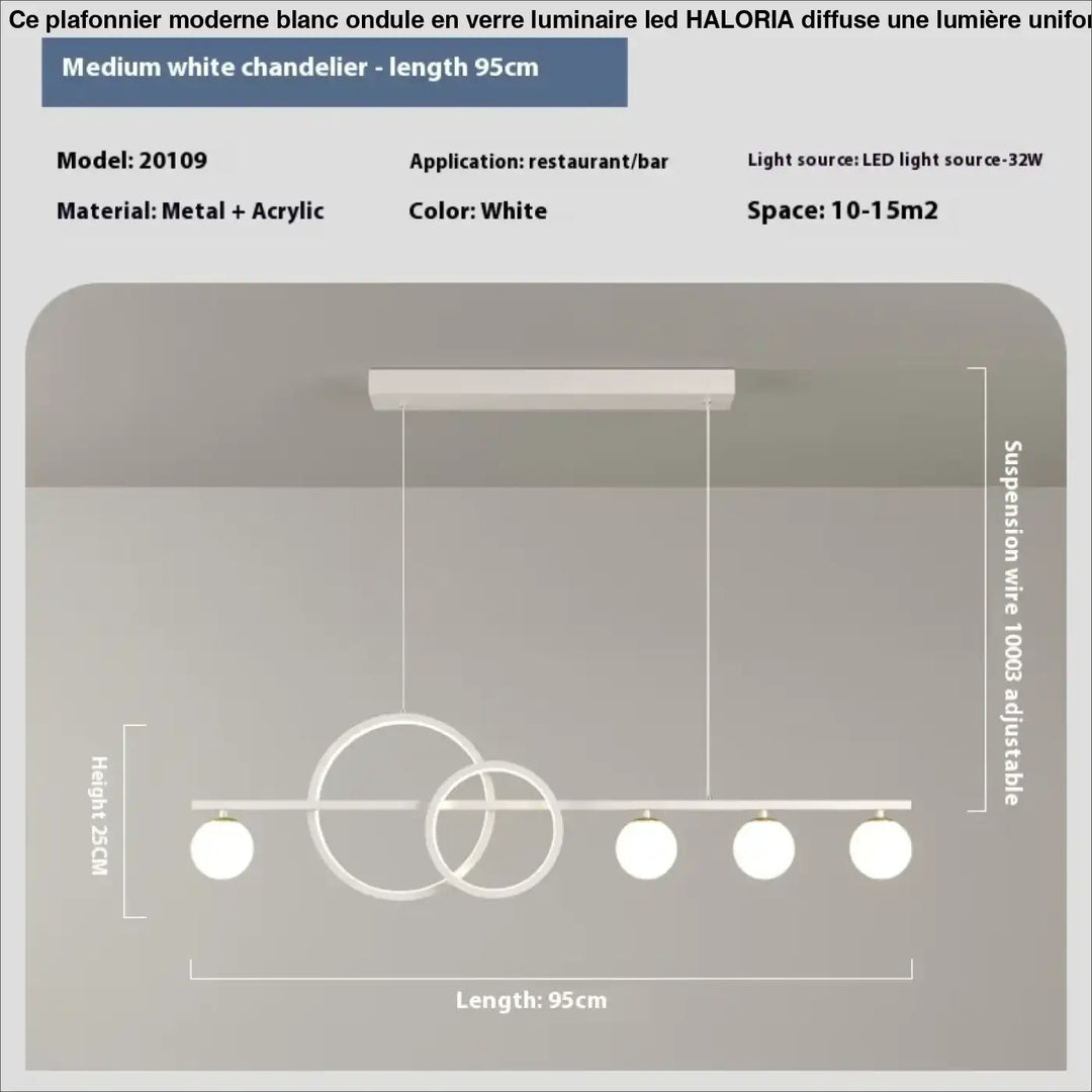Plafonnier moderne blanc ondule en verre avec anneaux circulaires superposés et cinq lumières led sphériques en métal et acrylique