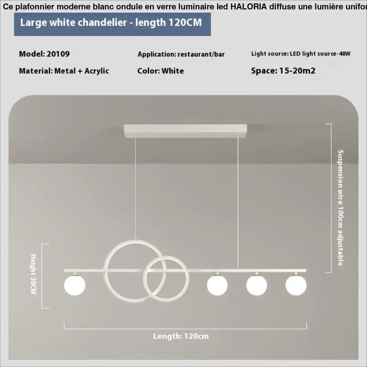 Plafonnier moderne blanc en verre avec anneaux circulaires superposés et cinq ampoules led sphériques design moderne blanc ondule