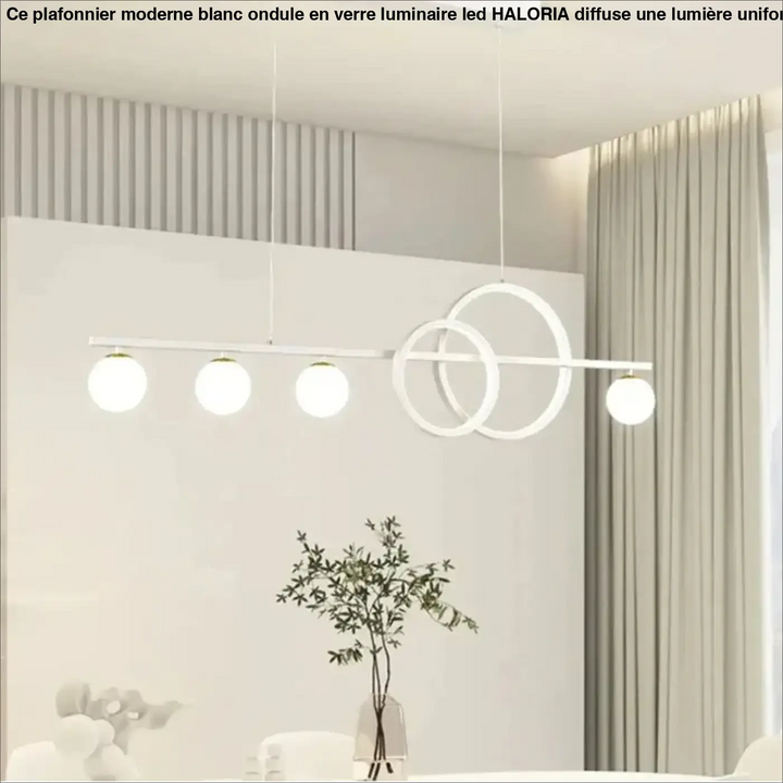 Plafonnier moderne blanc ondule avec cinq ampoules sphériques et anneaux circulaires en verre led haloria