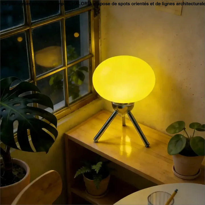Lampe de chevet nordou champignon rétro jaune globe en métal sur pied trépied sur étagère en bois