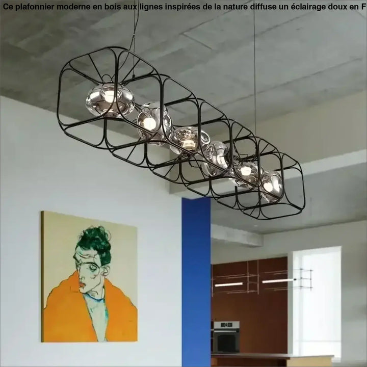 Suspension luminaire hexora en métal noir avec structure alvéolaire et multiples ampoules sphériques en verre