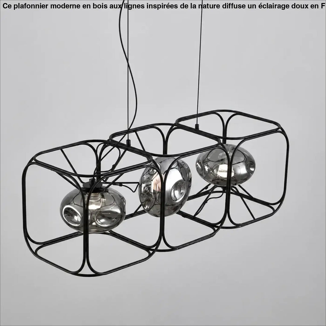 Suspension luminaire hexora noir en métal avec trois globes en verre miroir sphériques structure alvéolaire moderne