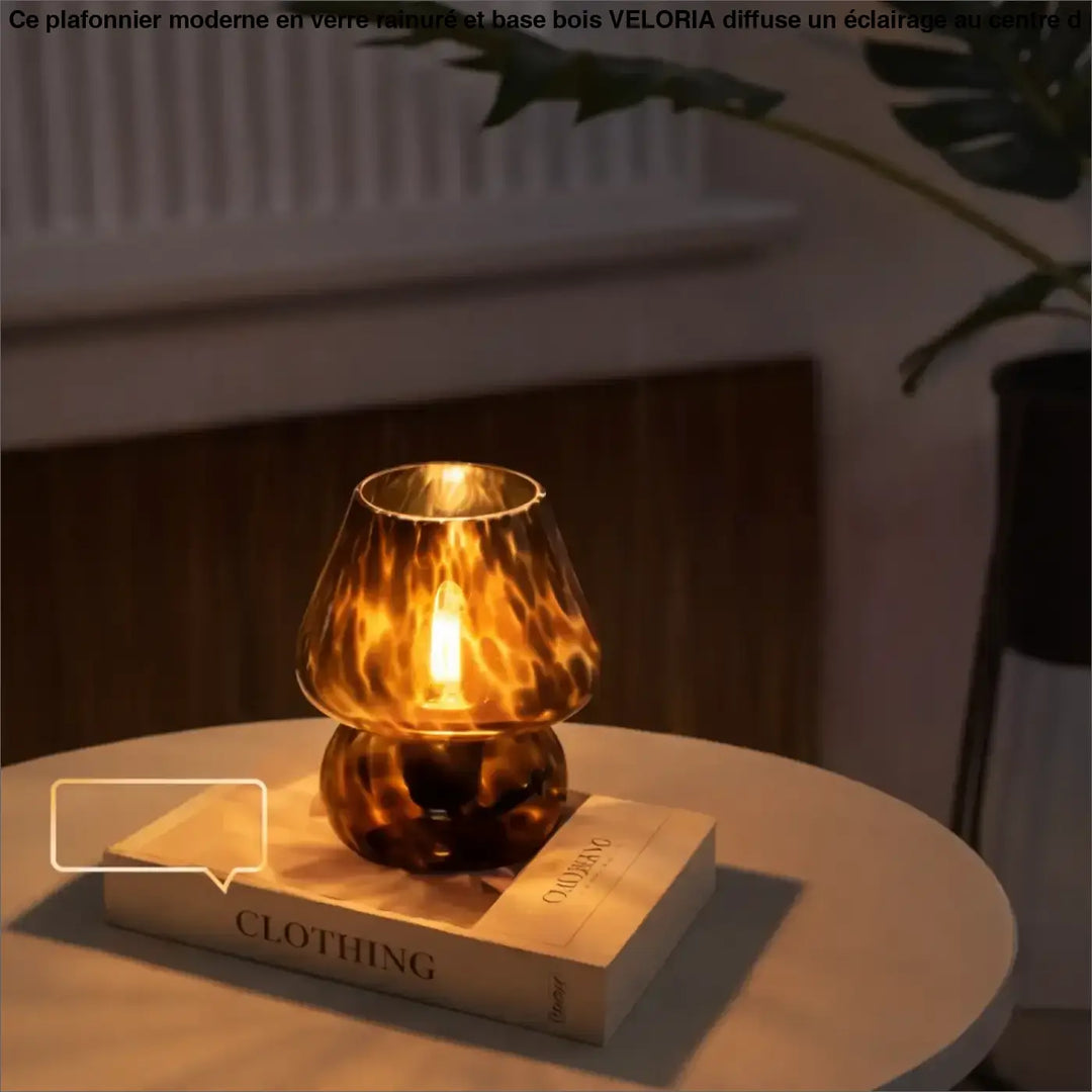 Lampe champignon vintage en verre ambré avec motif écaille de tortue et base champignon élégante pour lampe de chevet
