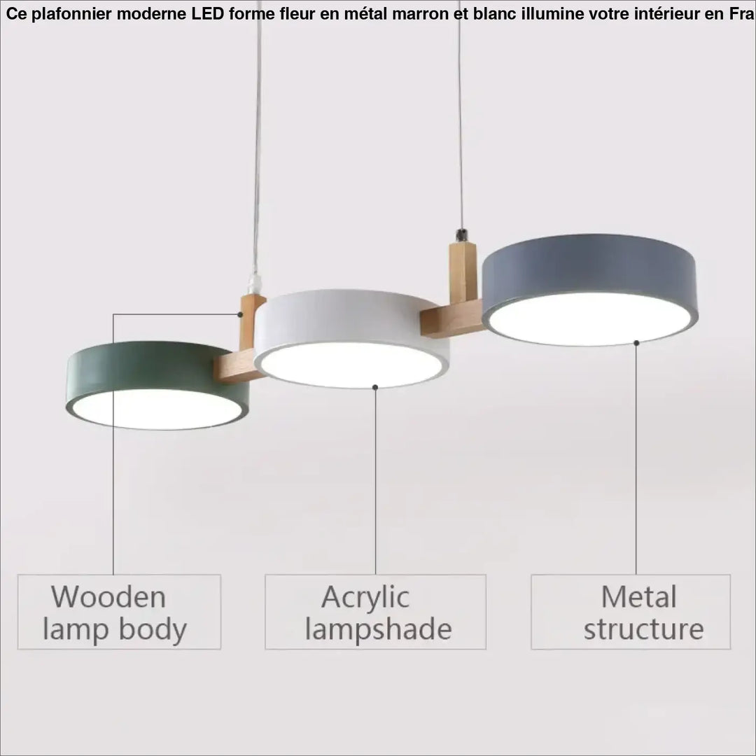 Plafonnier moderne led forme fleur marron et blanc avec trois abat-jours circulaires en acrylique vert blanc gris et structure bois minimaliste