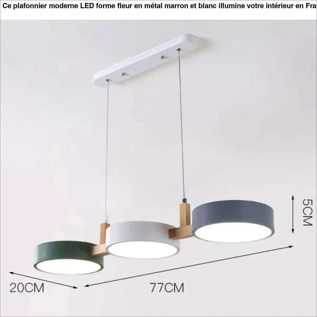 Plafonnier moderne led forme fleur marron et blanc avec trois abat-jours cylindriques vert, blanc et gris et accents en bois