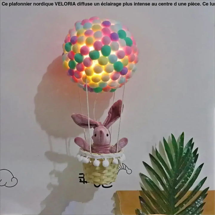 Veilleuse balou suspension luminaire montgolfière pastel à pompons multicolores avec lapin en peluche pour décoration intérieure