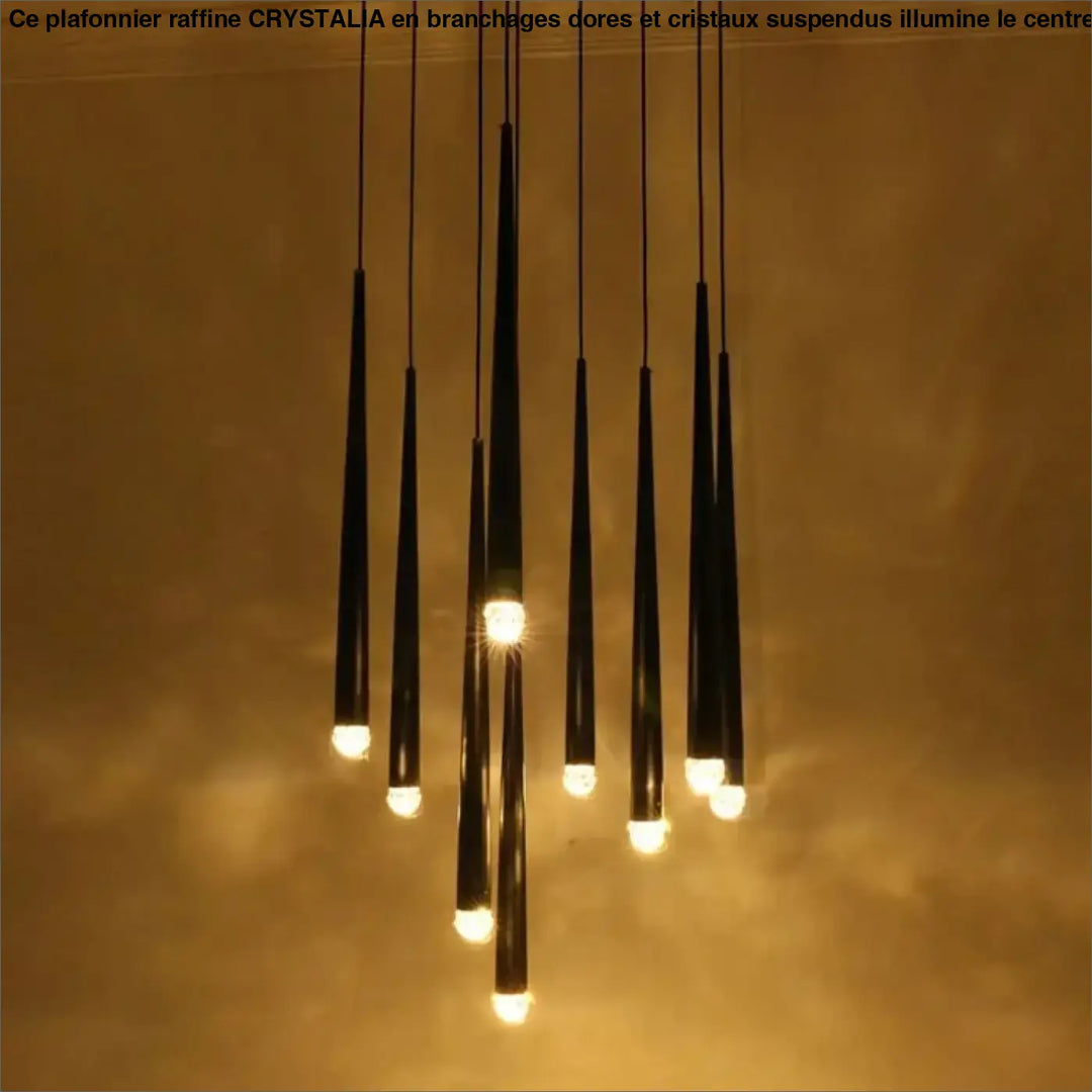 Suspension luminaire gildeo noir tapered avec h300cm et lumière chaude montrant des ampoules chaleureuses éclatantes