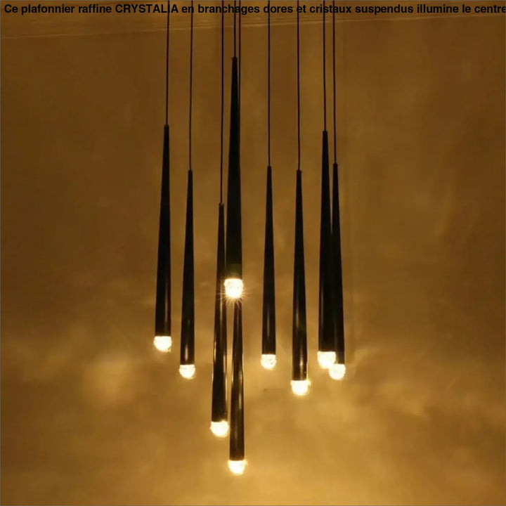 Suspension luminaire gildeo noir tapered avec h300cm et lumière chaude montrant des ampoules chaleureuses éclatantes