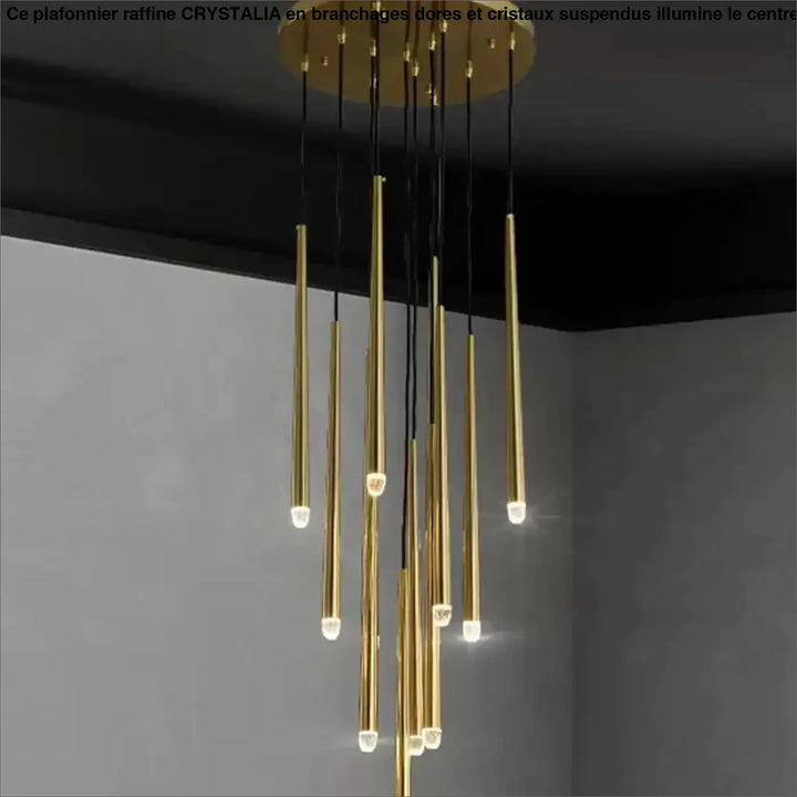 Suspension luminaire gildeo h300cm en métal doré avec tiges cylindriques fines et lumière led chaude et neutre