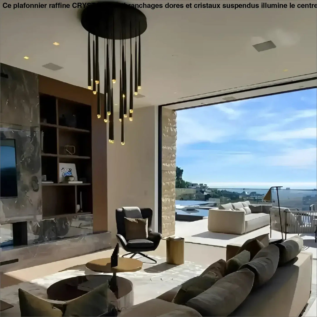Suspension luminaire gildeo noir h300cm avec tiges fines et lumière chaude pour un éclairage élégant