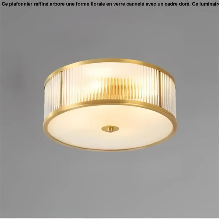 Luminaire plafonnier althea en cadre doré avec verre cannelé vertical et diffuseur givré pour décoration intérieure
