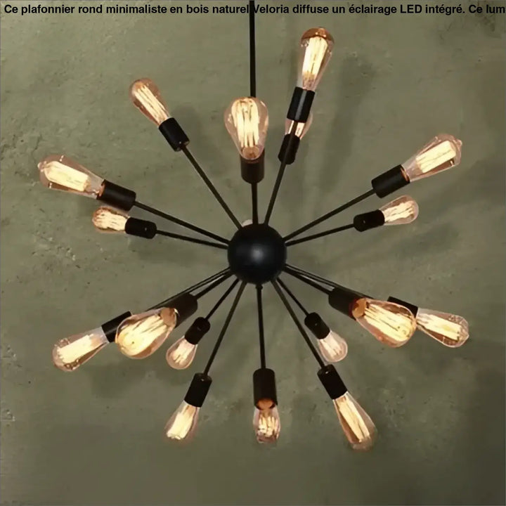 Suspension luminaire spyka en métal noir avec structure géométrique et multiples ampoules à filament apparentes