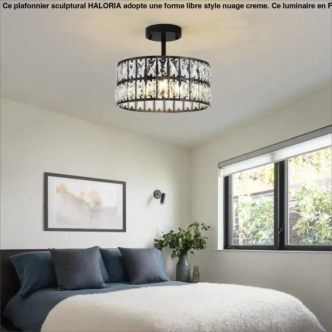 Suspension tambour noir avec cristaux style art déco
