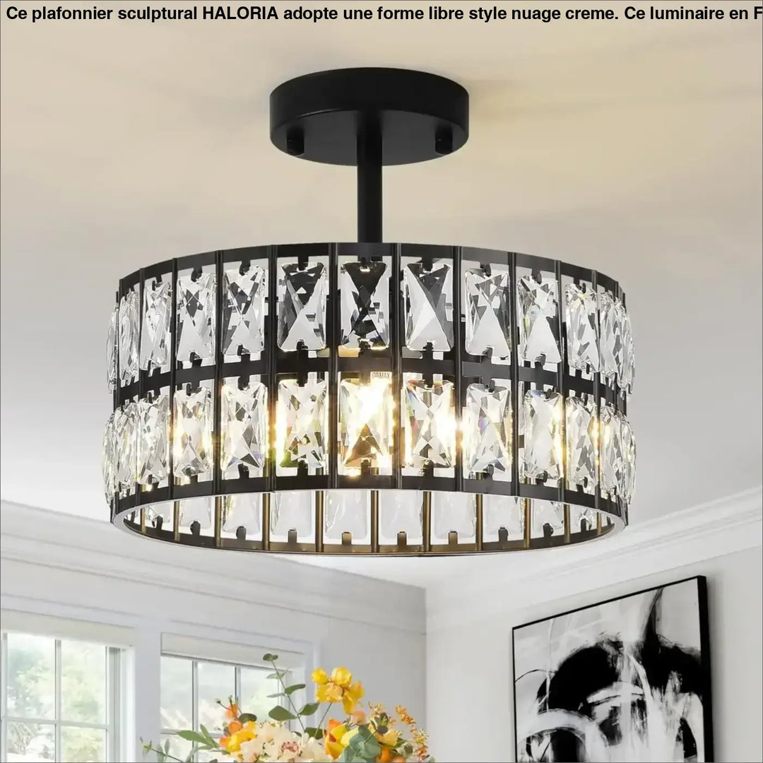 Suspension tambour noir avec cristaux style art déco