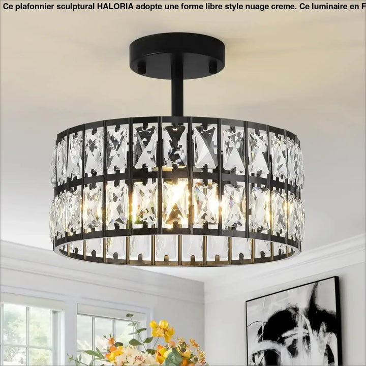 Suspension tambour noir avec cristaux style art déco