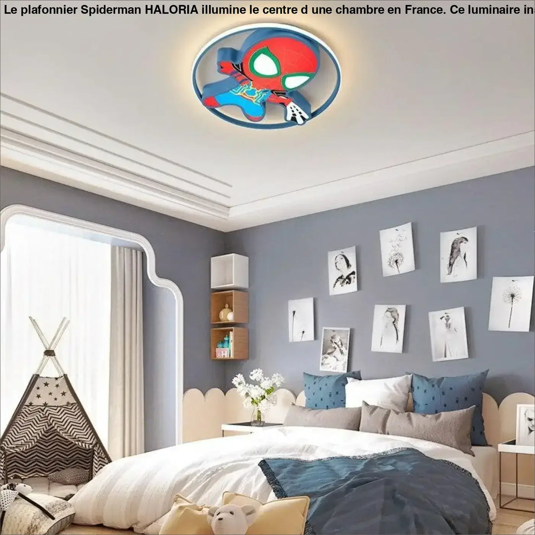 Plafonnier spiderman avec personnage rouge et bleu au centre d’une halo lumineux pour une décoration plus originale
