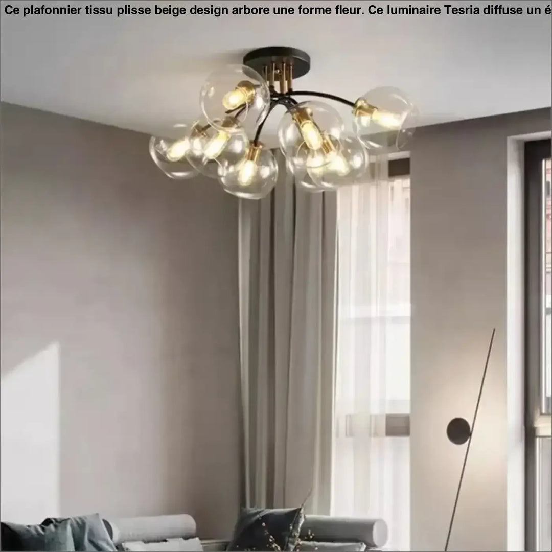 Plafonnier Contemporain Boules Verre Clair Et Détails Dorés