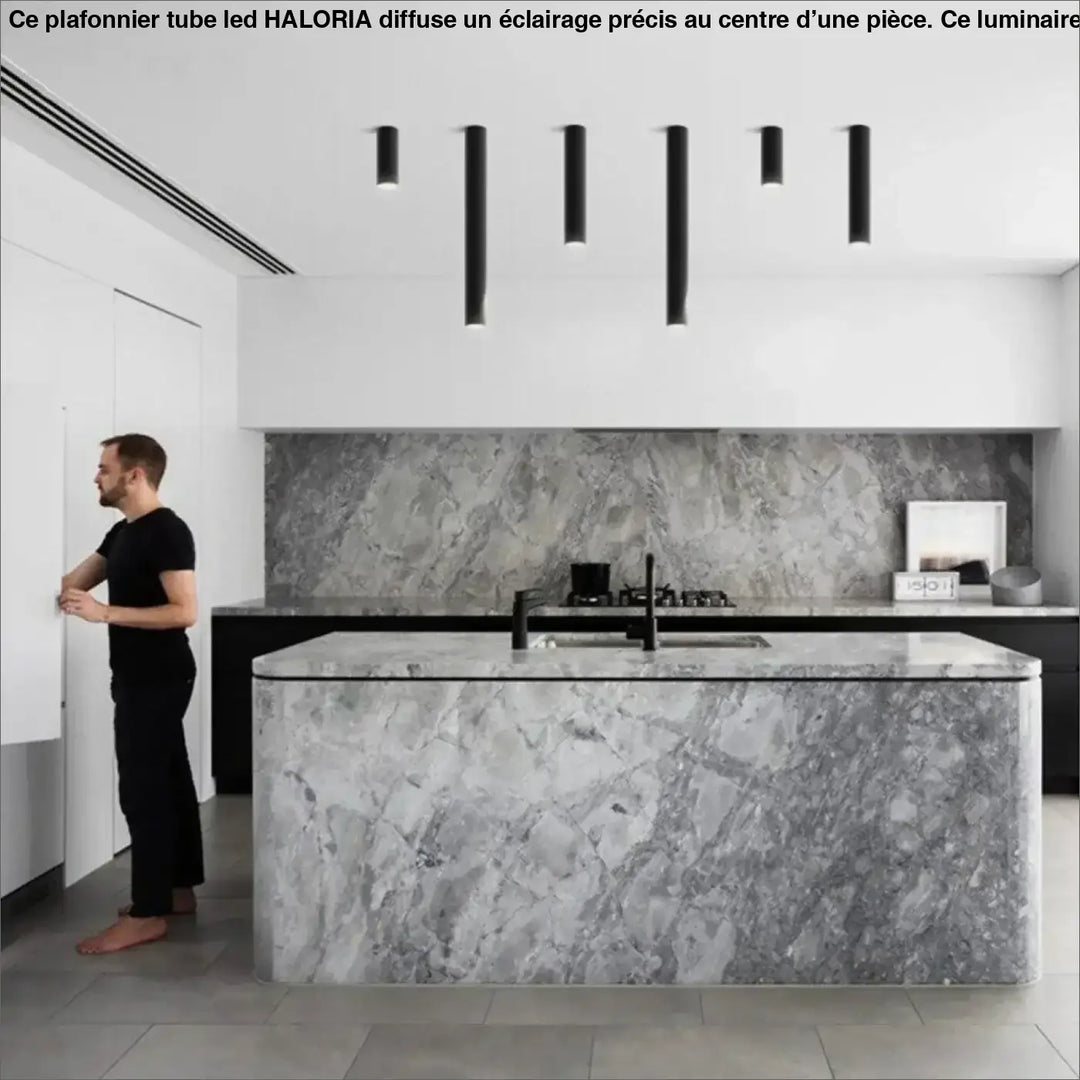 Plafonnier tube led haloria au design moderne avec îlot de cuisine en marbre gris et fixations noires élégantes
