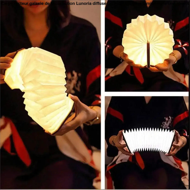 Projecteur galaxie lunoria : lanterne pliable en papier avec design plissé et tige en bois pour un éclairage plus chaud en chambre d’enfant