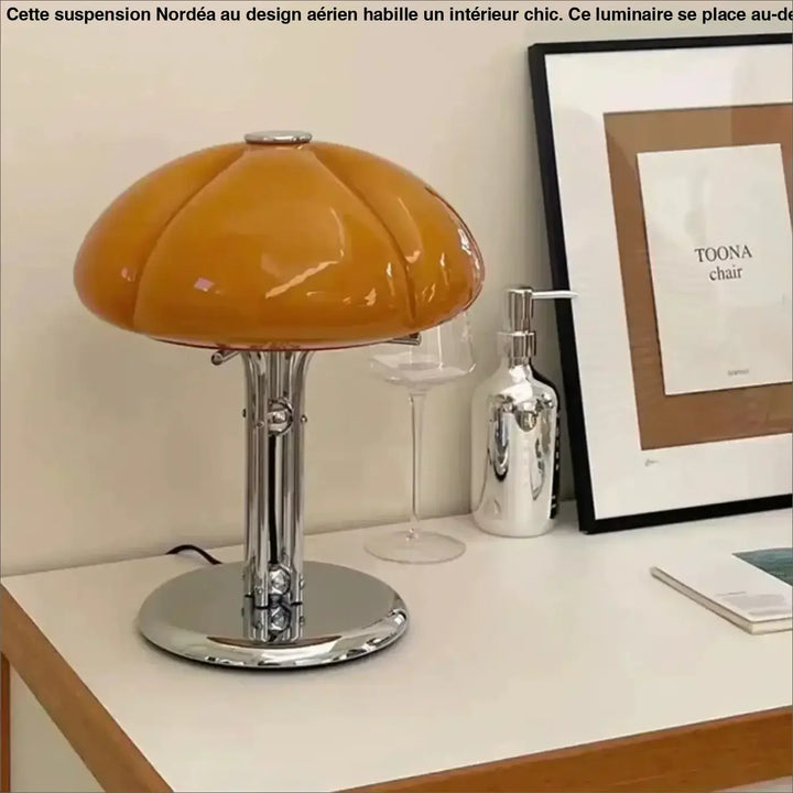 Lampe de table hala champignon orange vif en verre brillant avec base et tige chrome charme rétro moderne