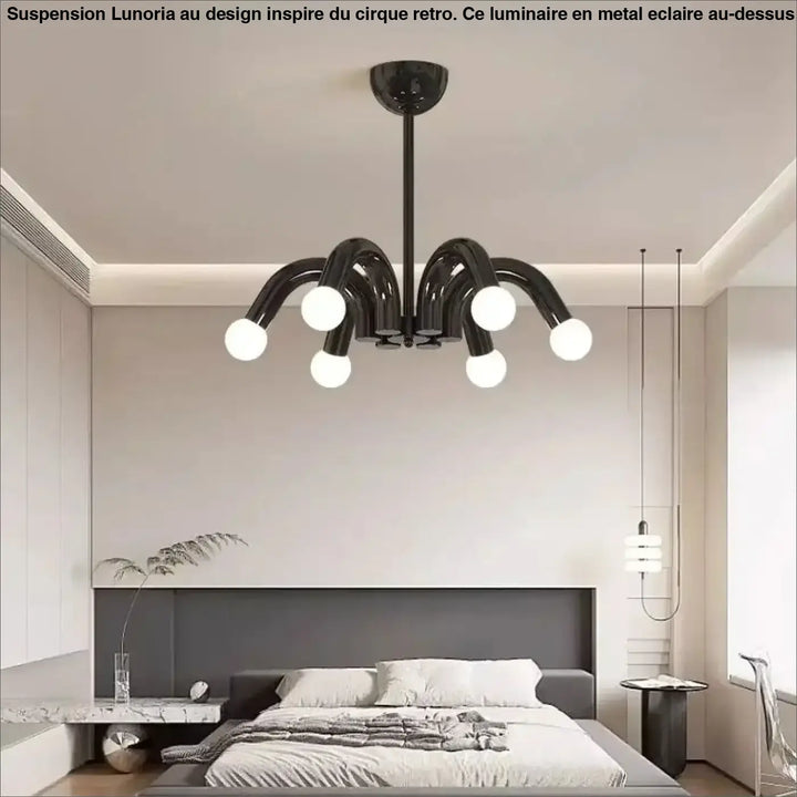 Suspension luminaire kandi noir avec bras courbés et ampoules sphériques style pop art moderne