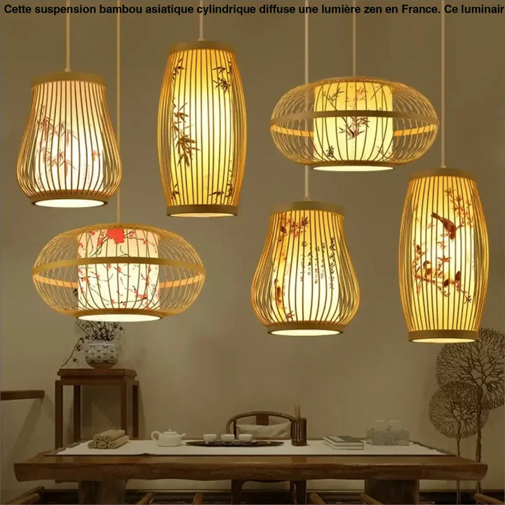 Suspension Bambou Asiatique Cylindrique Motifs Peints Ambiance Zen