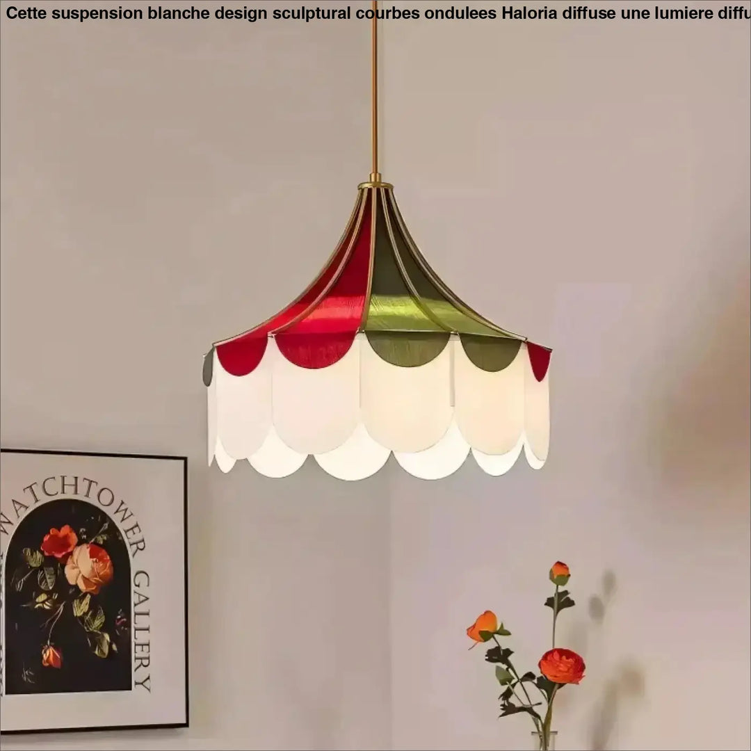 Suspension luminaire vintage coloré en tissu rouge blanc et vert