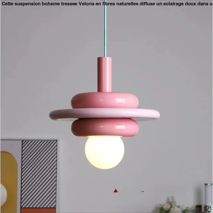 Suspension luminaire olya rose poudré avec anneaux céramiques brillants et ampoule blanc chaud pour décoration intérieure