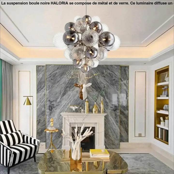 Suspension boule noire haloria moderne avec un cluster de boules en verre réfléchissant argenté et transparent