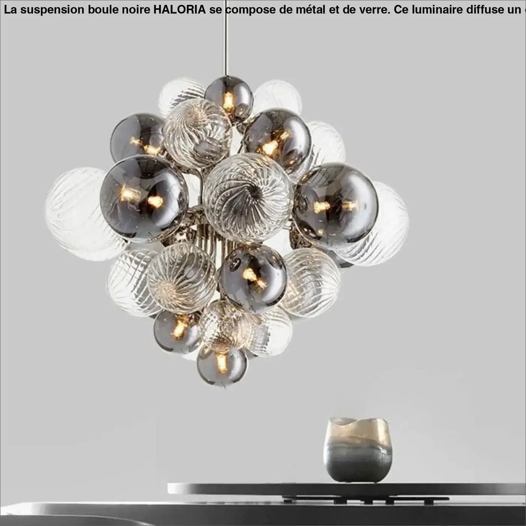 Suspension boule noire haloria moderne en verre avec sphères translucides et fumées à texture nervurée