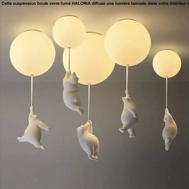 Suspension boule verre fume haloria en céramique blanche avec globes sphériques en verre fumé givré pour plafond